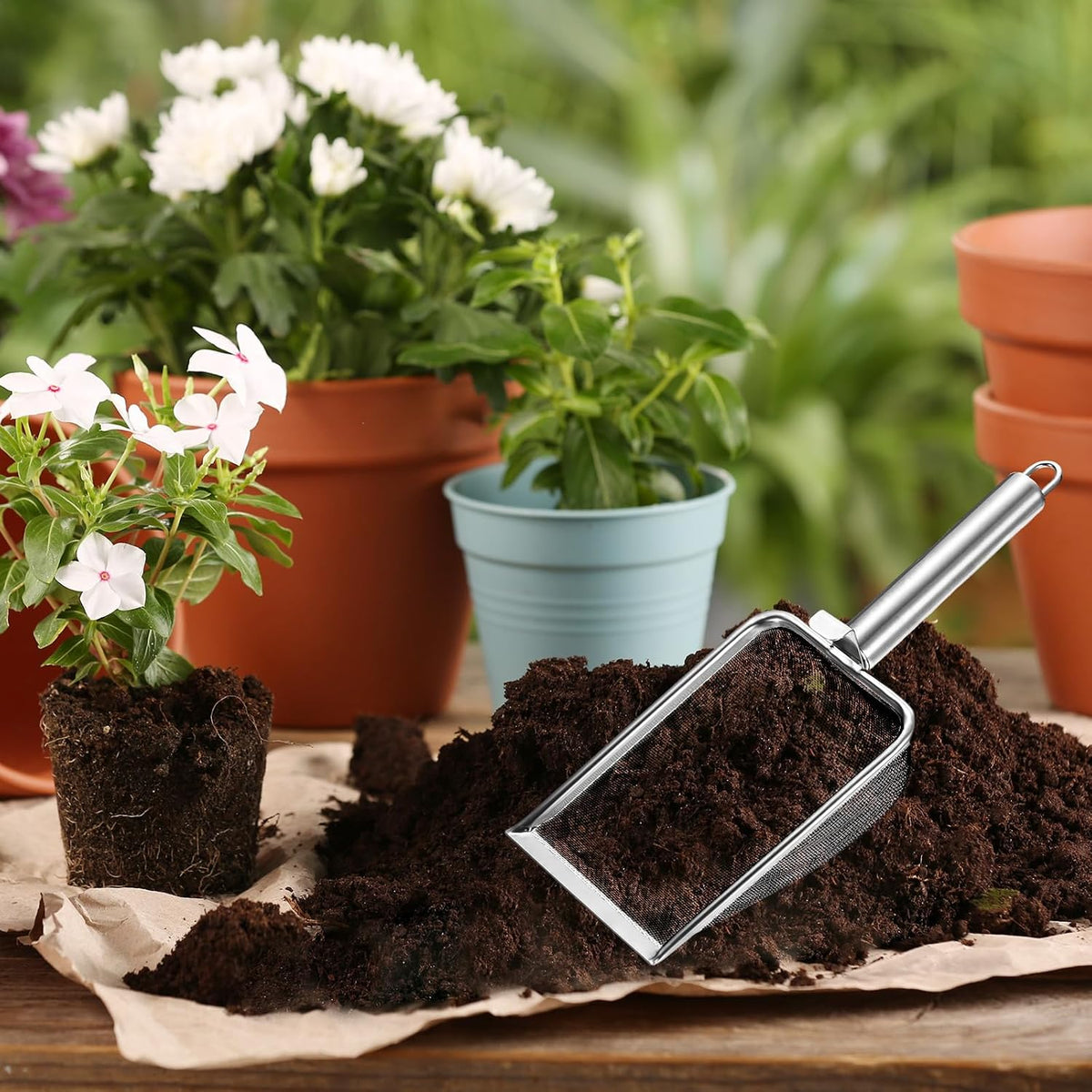 1-Pack Gardening Soil Sifter, 1 mm Mesh Stainless Steel Sand Soil Compost Sieve with Stainless Steel Handle for Sand/Dirt/Rock Compost [Silver Tone]