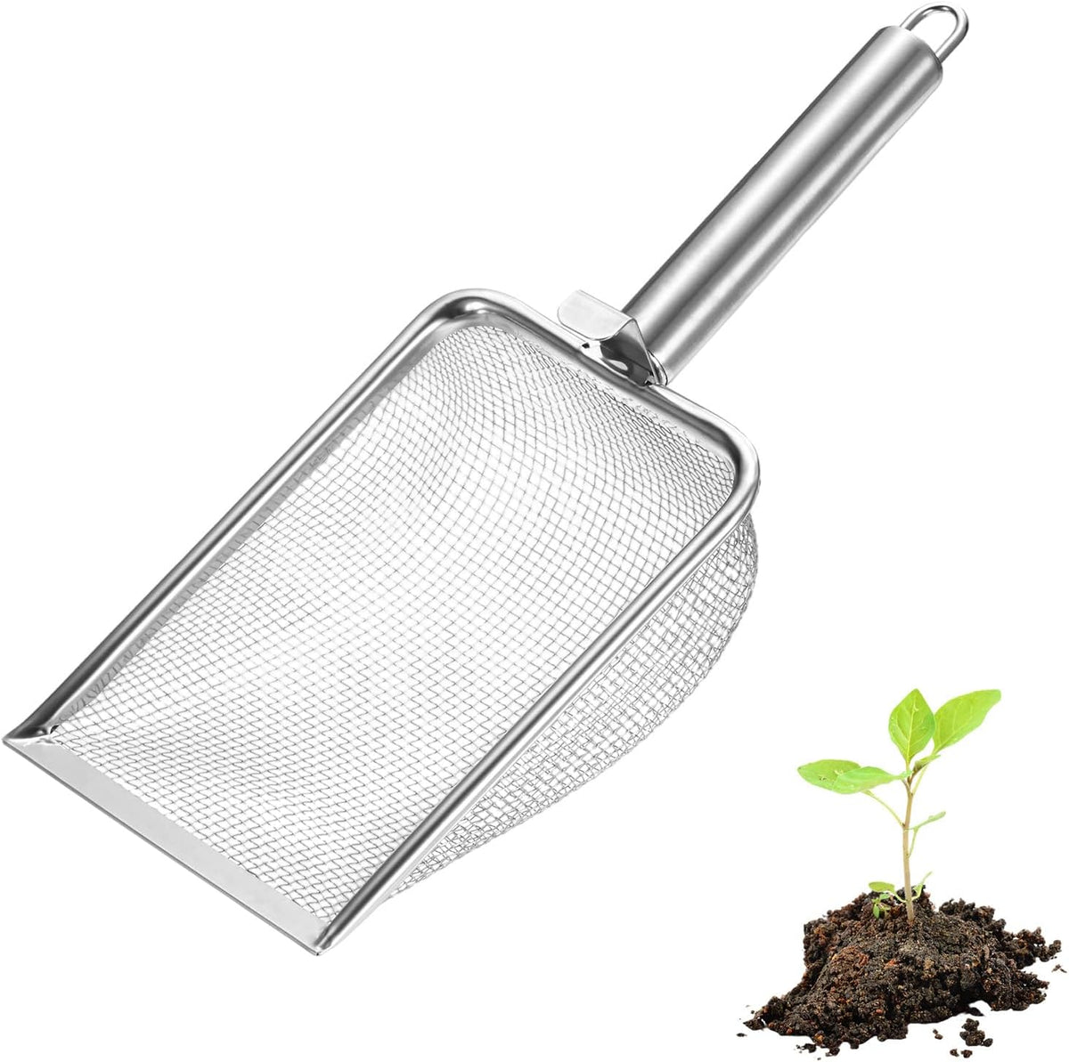 1-Pack Gardening Soil Sifter, 1 mm Mesh Stainless Steel Sand Soil Compost Sieve with Stainless Steel Handle for Sand/Dirt/Rock Compost [Silver Tone]