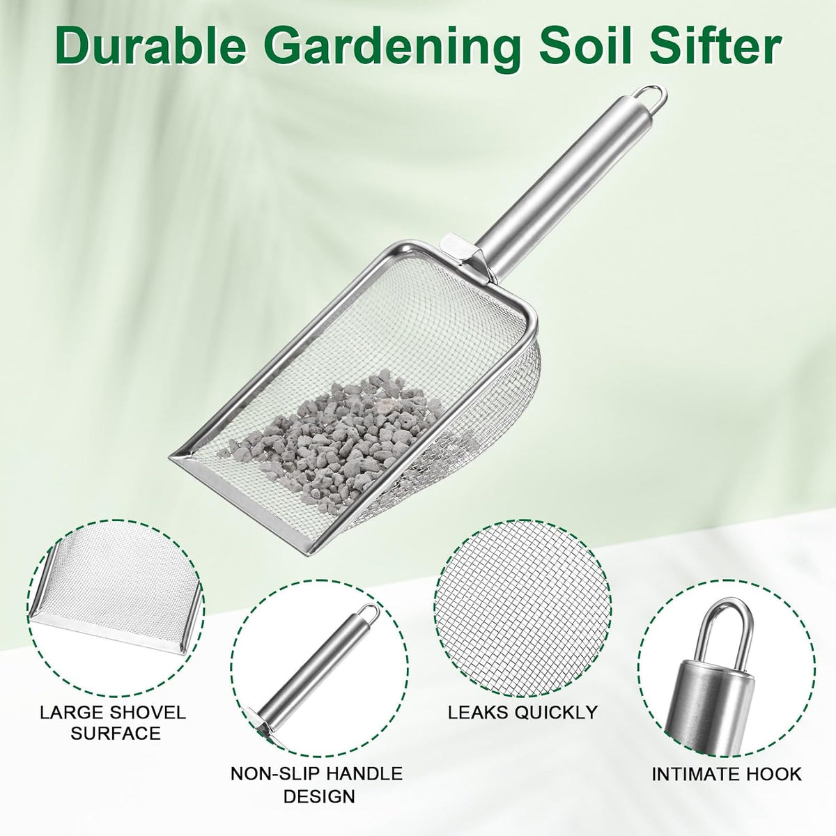 1-Pack Gardening Soil Sifter, 1 mm Mesh Stainless Steel Sand Soil Compost Sieve with Stainless Steel Handle for Sand/Dirt/Rock Compost [Silver Tone]
