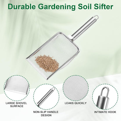 1-Pack Gardening Soil Sifter, 1 mm Mesh Stainless Steel Sand Soil Compost Sieve with Stainless Steel Handle for Sand/Dirt/Rock Compost [Silver Tone]