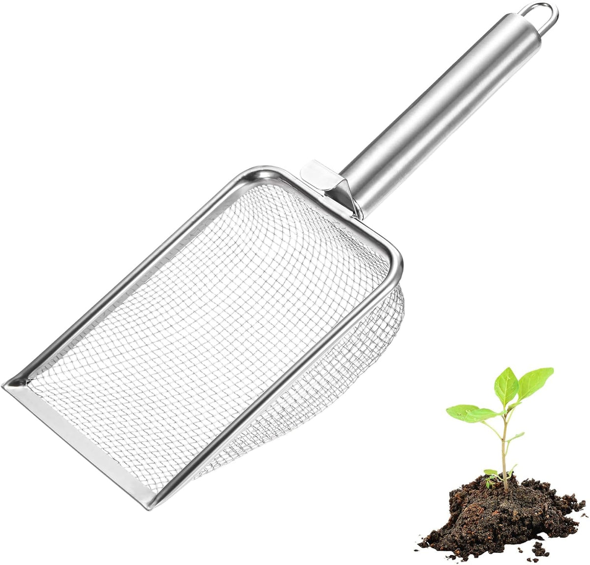 1-Pack Gardening Soil Sifter, 1 mm Mesh Stainless Steel Sand Soil Compost Sieve with Stainless Steel Handle for Sand/Dirt/Rock Compost [Silver Tone]