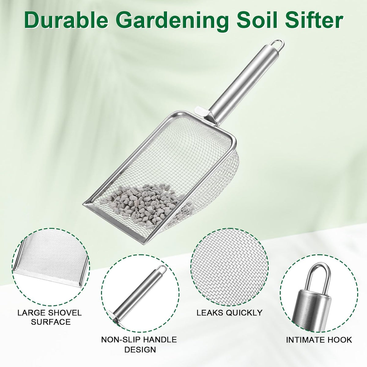 1-Pack Gardening Soil Sifter, 1 mm Mesh Stainless Steel Sand Soil Compost Sieve with Stainless Steel Handle for Sand/Dirt/Rock Compost [Silver Tone]
