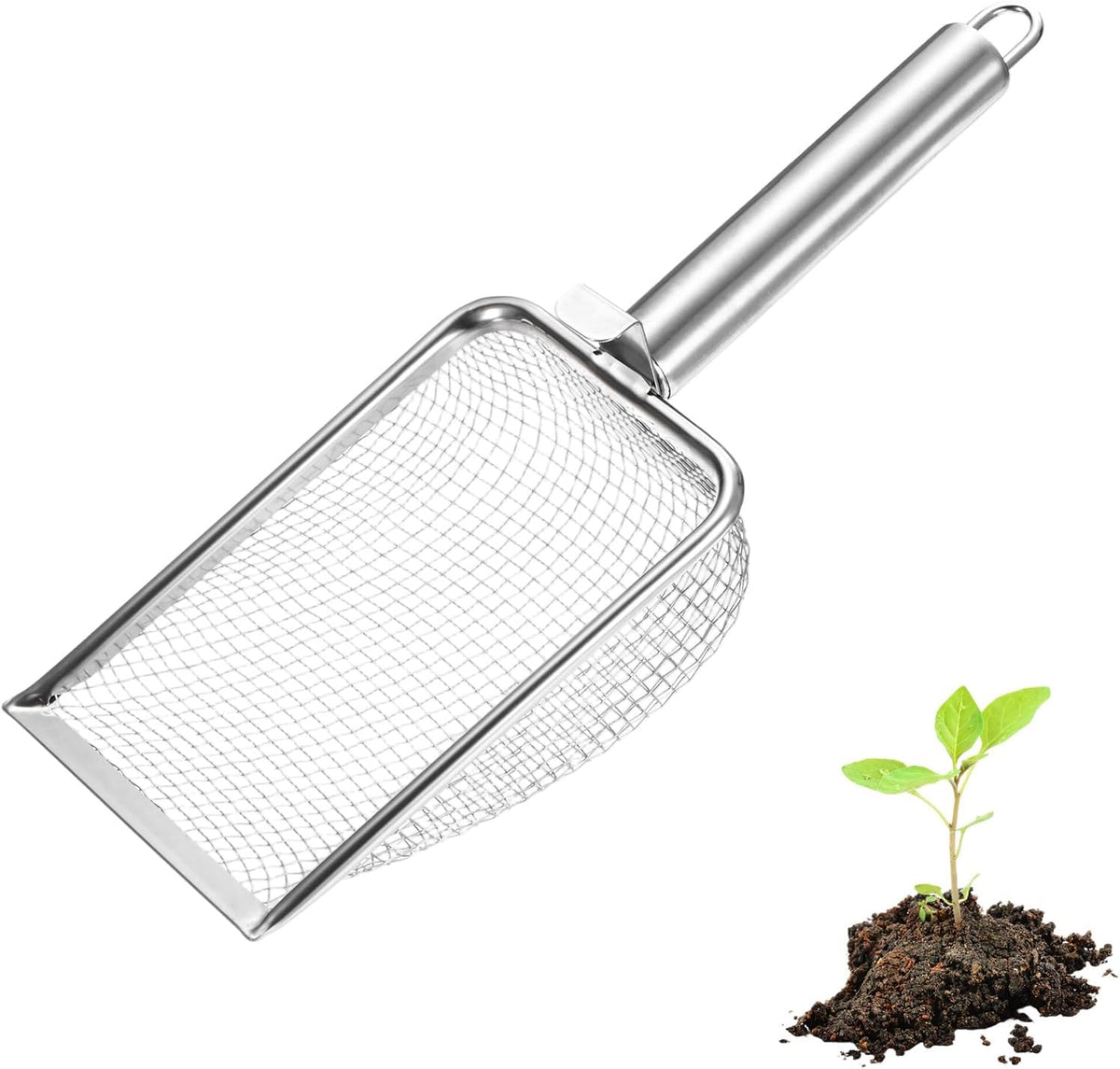 1-Pack Gardening Soil Sifter, 1 mm Mesh Stainless Steel Sand Soil Compost Sieve with Stainless Steel Handle for Sand/Dirt/Rock Compost [Silver Tone]