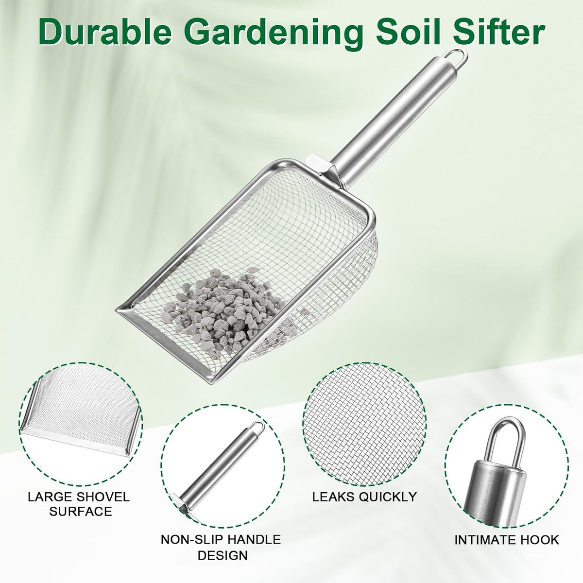 1-Pack Gardening Soil Sifter, 1 mm Mesh Stainless Steel Sand Soil Compost Sieve with Stainless Steel Handle for Sand/Dirt/Rock Compost [Silver Tone]