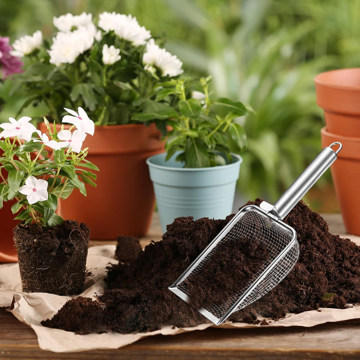 1-Pack Gardening Soil Sifter, 1 mm Mesh Stainless Steel Sand Soil Compost Sieve with Stainless Steel Handle for Sand/Dirt/Rock Compost [Silver Tone]