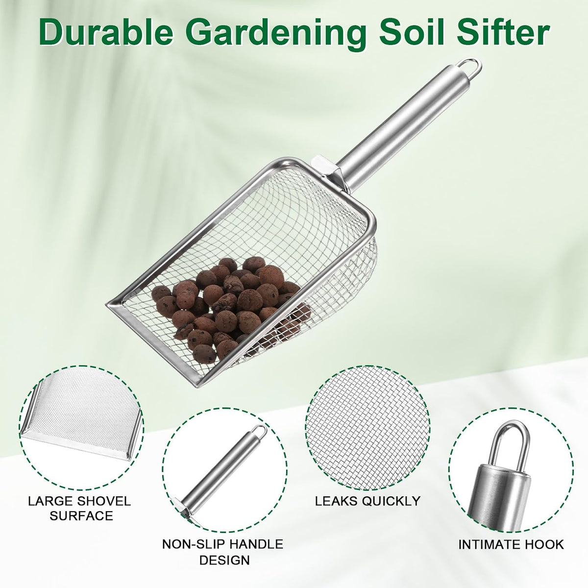 1-Pack Gardening Soil Sifter, 1 mm Mesh Stainless Steel Sand Soil Compost Sieve with Stainless Steel Handle for Sand/Dirt/Rock Compost [Silver Tone]