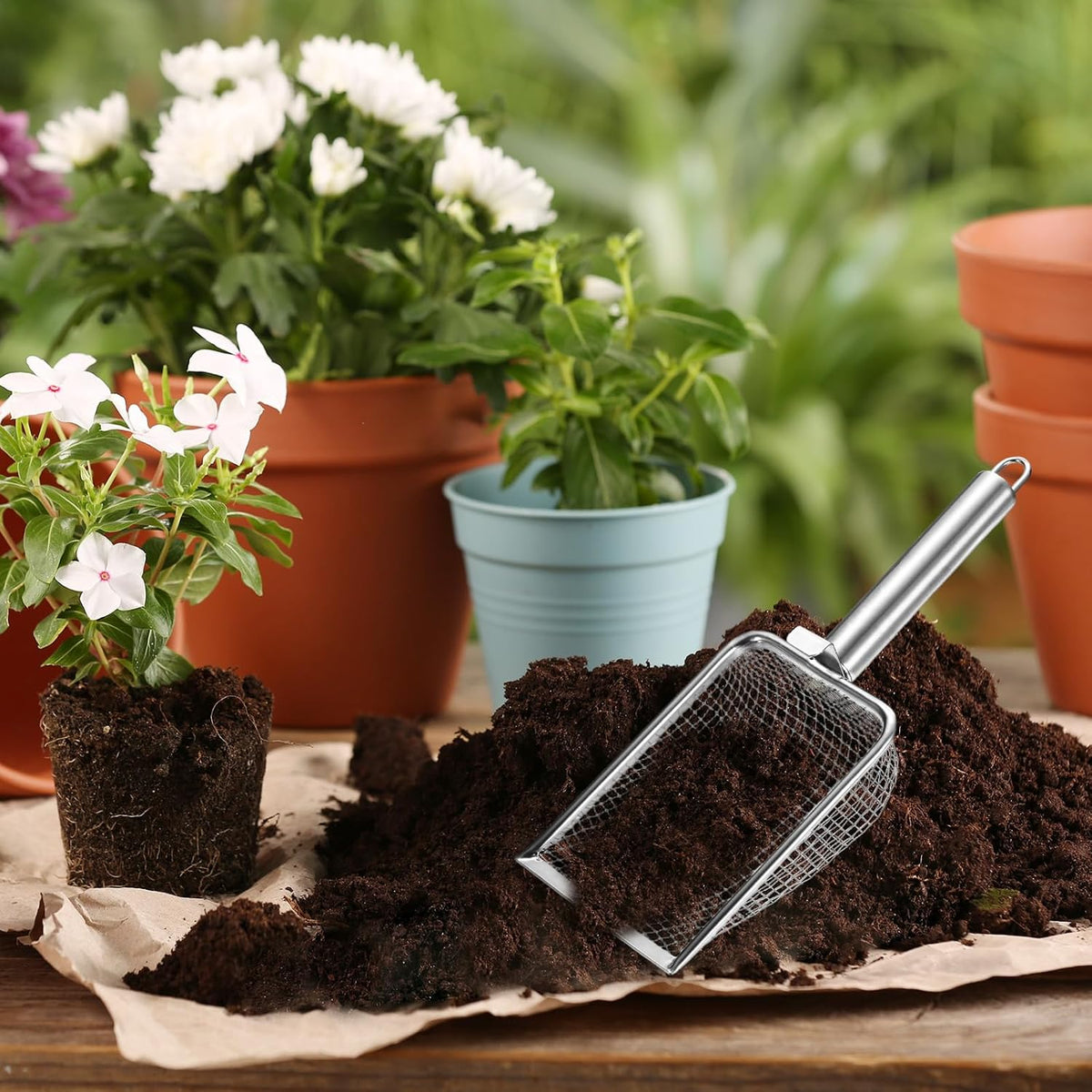 1-Pack Gardening Soil Sifter, 1 mm Mesh Stainless Steel Sand Soil Compost Sieve with Stainless Steel Handle for Sand/Dirt/Rock Compost [Silver Tone]
