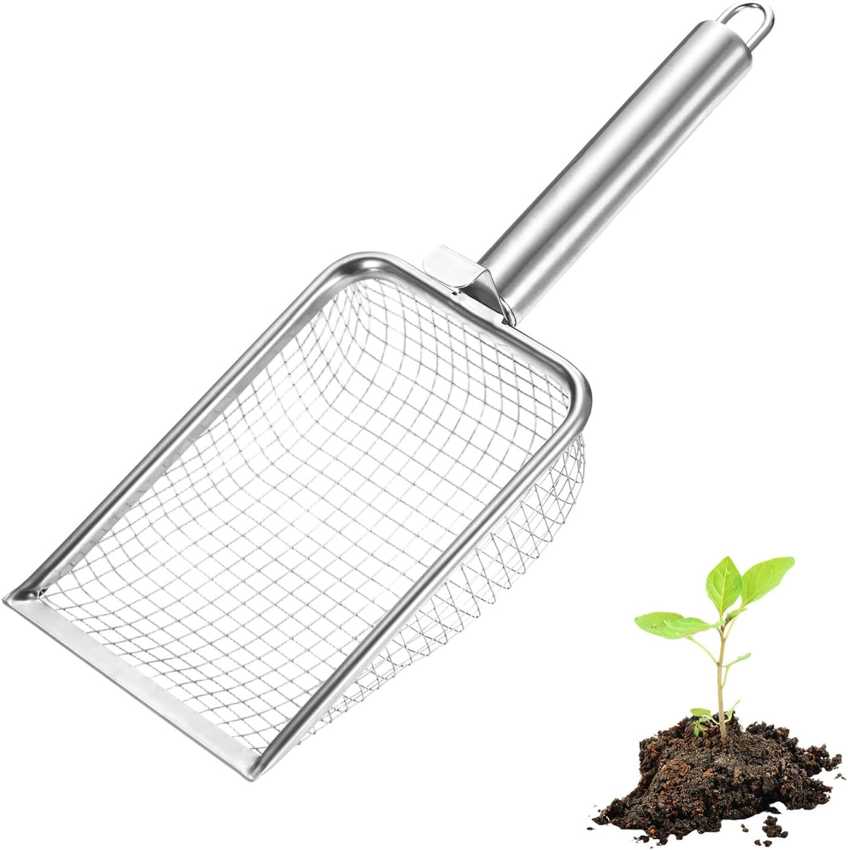 1-Pack Gardening Soil Sifter, 1 mm Mesh Stainless Steel Sand Soil Compost Sieve with Stainless Steel Handle for Sand/Dirt/Rock Compost [Silver Tone]