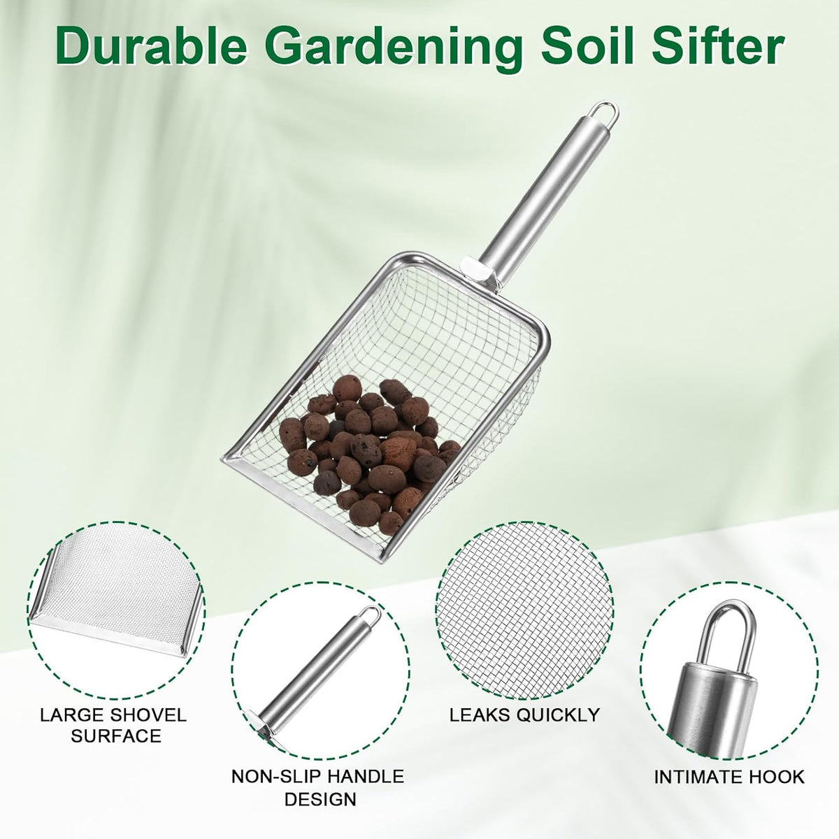 1-Pack Gardening Soil Sifter, 1 mm Mesh Stainless Steel Sand Soil Compost Sieve with Stainless Steel Handle for Sand/Dirt/Rock Compost [Silver Tone]