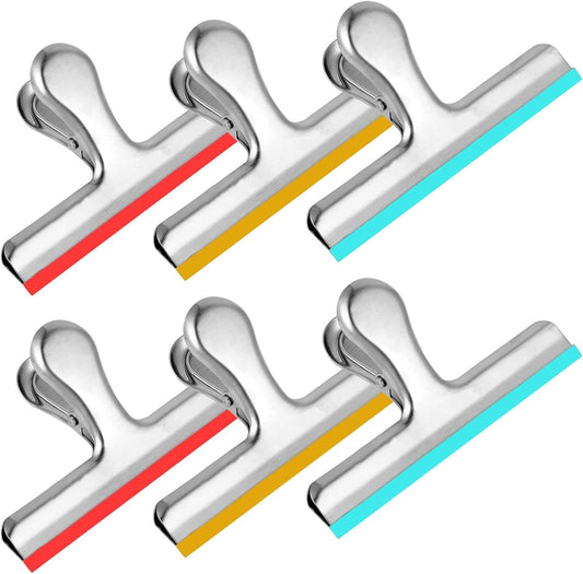 6 Pack Stainless Steel Chip Bag Clips Covered with Colorful Silicone - NO More Sharp Edges - Color Coded for Food Bags - Air Tight Seal, Heavy Duty for Kitchen and Office, 5 Inches-Silver