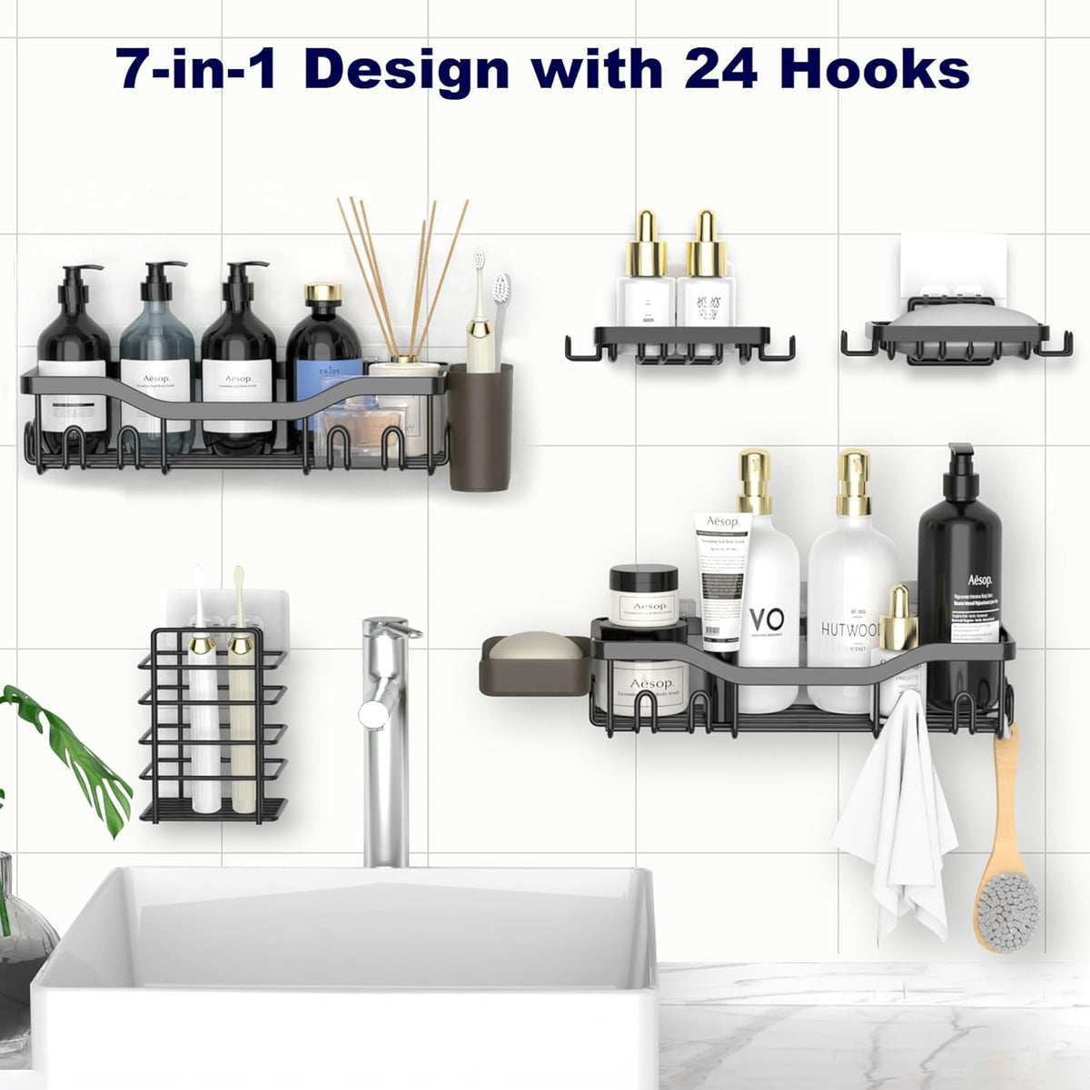 NESOMI 7-Pack Shower Caddy Adhesive,Stainless Steel Shower Organizer Shelf | Rustproof, with Soap Dish Toothbrush Holder, Large Capacity, No-Drill Rack Bathroom Storage Accessories, 24 Hooks, Home Decor