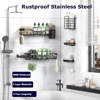 NESOMI 7-Pack Shower Caddy Adhesive,Stainless Steel Shower Organizer Shelf | Rustproof, with Soap Dish Toothbrush Holder, Large Capacity, No-Drill Rack Bathroom Storage Accessories, 24 Hooks, Home Decor