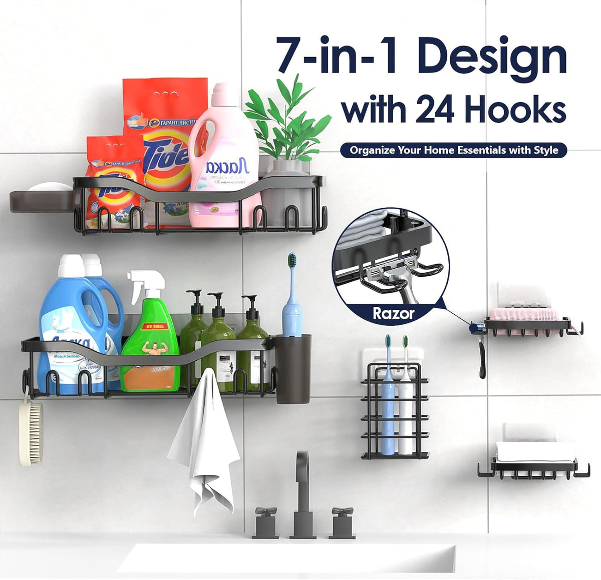 NESOMI 7-Pack Shower Caddy Adhesive,Stainless Steel Shower Organizer Shelf | Rustproof, with Soap Dish Toothbrush Holder, Large Capacity, No-Drill Rack Bathroom Storage Accessories, 24 Hooks, Home Decor