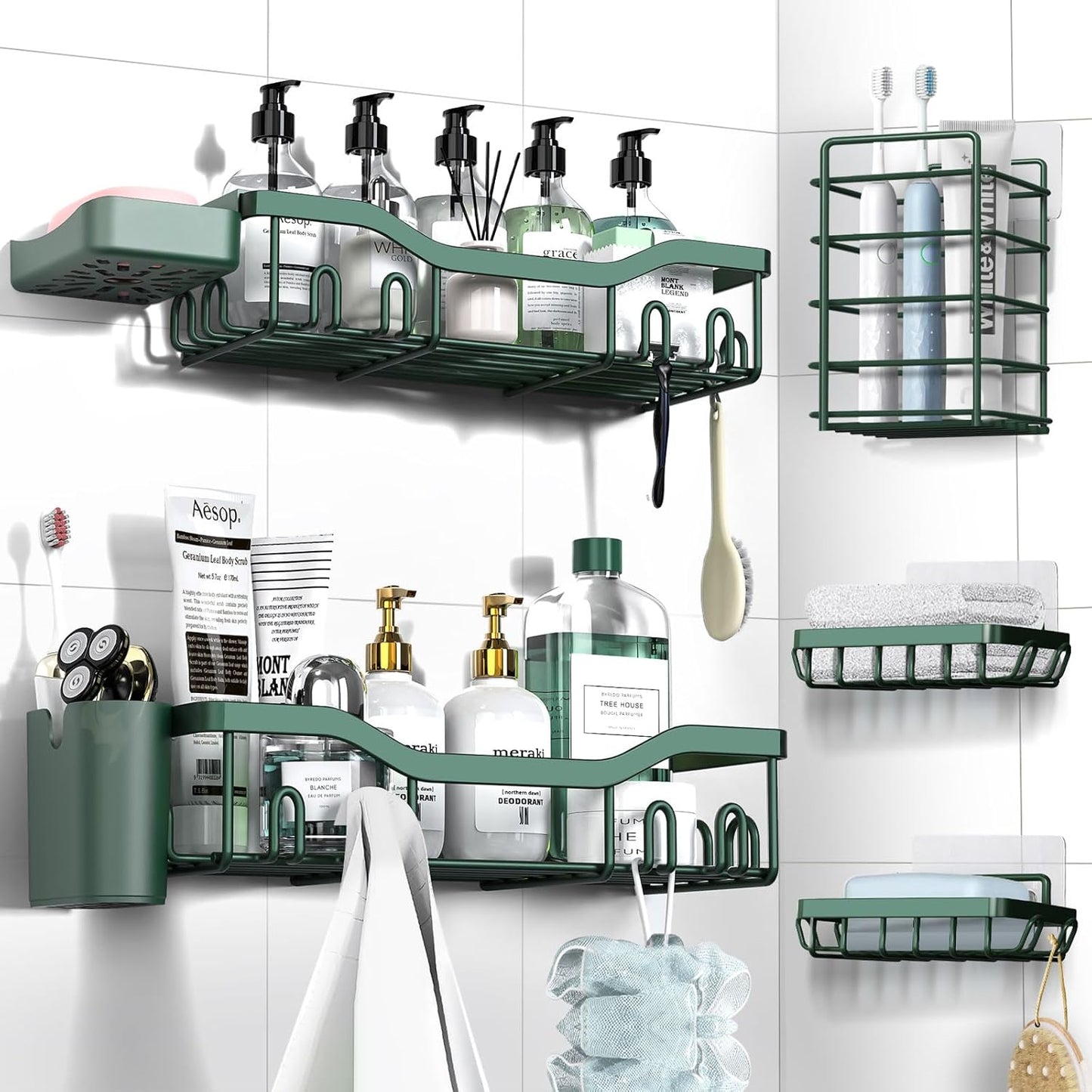 NESOMI 7-Pack Shower Caddy Adhesive,Stainless Steel Shower Organizer Shelf | Rustproof, with Soap Dish Toothbrush Holder, Large Capacity, No-Drill Rack Bathroom Storage Accessories, 24 Hooks, Home Decor