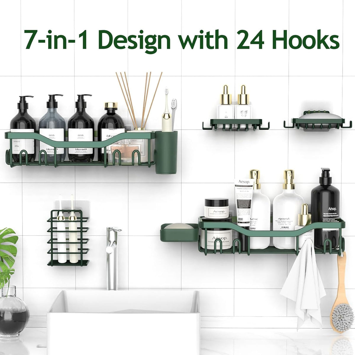 NESOMI 7-Pack Shower Caddy Adhesive,Stainless Steel Shower Organizer Shelf | Rustproof, with Soap Dish Toothbrush Holder, Large Capacity, No-Drill Rack Bathroom Storage Accessories, 24 Hooks, Home Decor