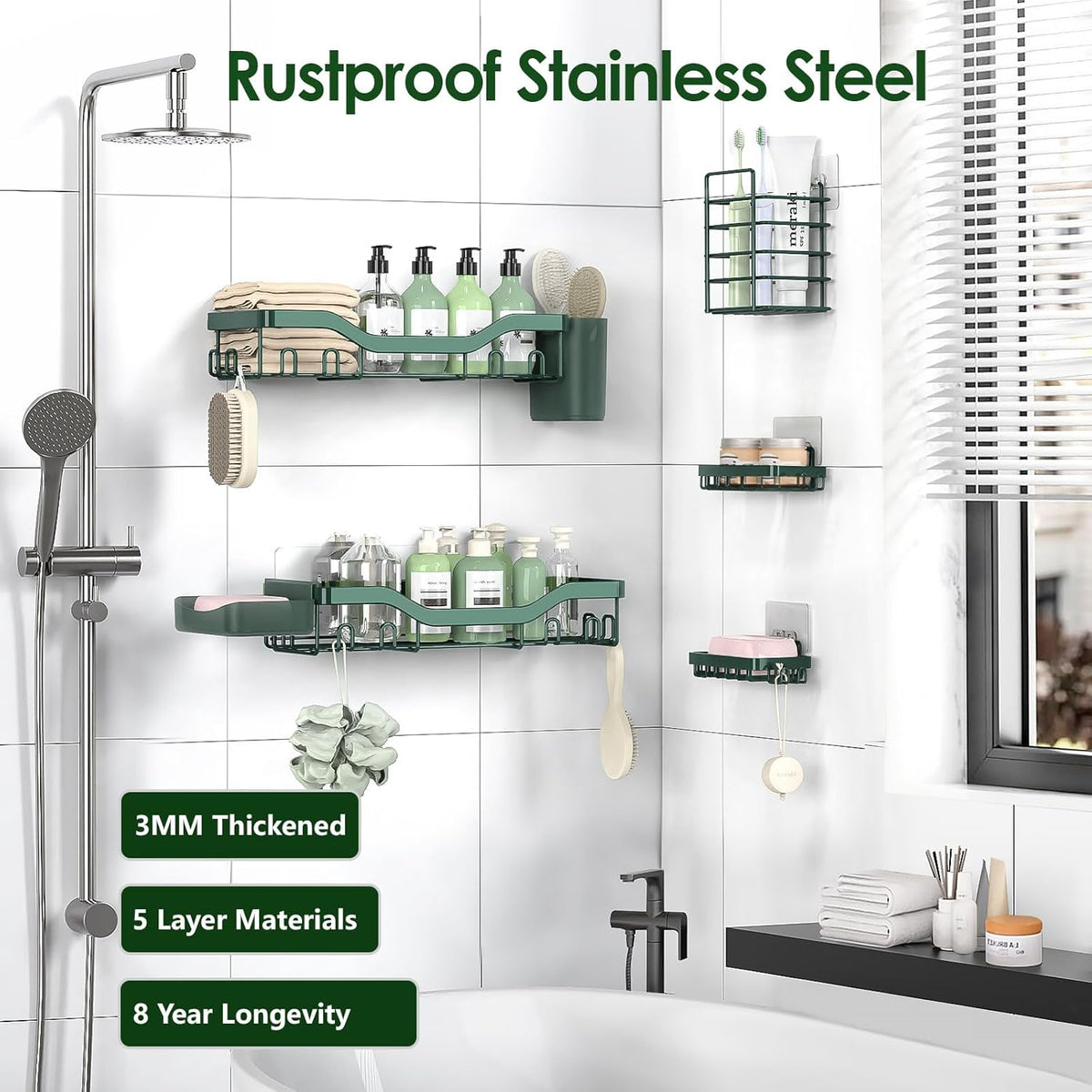 NESOMI 7-Pack Shower Caddy Adhesive,Stainless Steel Shower Organizer Shelf | Rustproof, with Soap Dish Toothbrush Holder, Large Capacity, No-Drill Rack Bathroom Storage Accessories, 24 Hooks, Home Decor