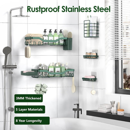 NESOMI 7-Pack Shower Caddy Adhesive,Stainless Steel Shower Organizer Shelf | Rustproof, with Soap Dish Toothbrush Holder, Large Capacity, No-Drill Rack Bathroom Storage Accessories, 24 Hooks, Home Decor