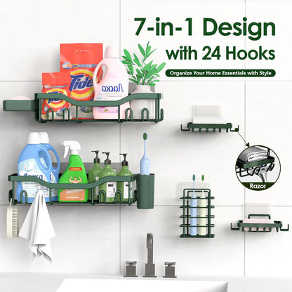 NESOMI 7-Pack Shower Caddy Adhesive,Stainless Steel Shower Organizer Shelf | Rustproof, with Soap Dish Toothbrush Holder, Large Capacity, No-Drill Rack Bathroom Storage Accessories, 24 Hooks, Home Decor