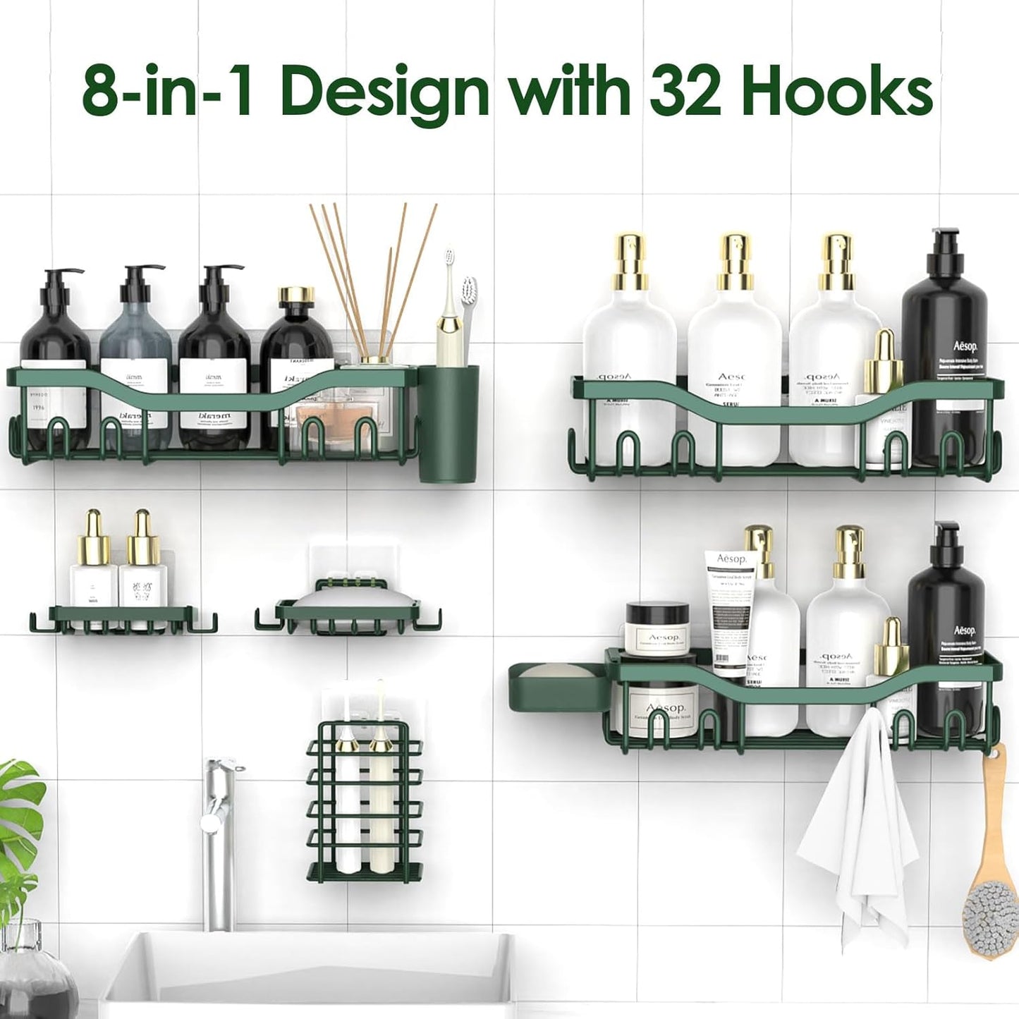 NESOMI 7-Pack Shower Caddy Adhesive,Stainless Steel Shower Organizer Shelf | Rustproof, with Soap Dish Toothbrush Holder, Large Capacity, No-Drill Rack Bathroom Storage Accessories, 24 Hooks, Home Decor