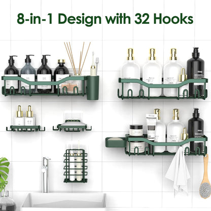 NESOMI 7-Pack Shower Caddy Adhesive,Stainless Steel Shower Organizer Shelf | Rustproof, with Soap Dish Toothbrush Holder, Large Capacity, No-Drill Rack Bathroom Storage Accessories, 24 Hooks, Home Decor