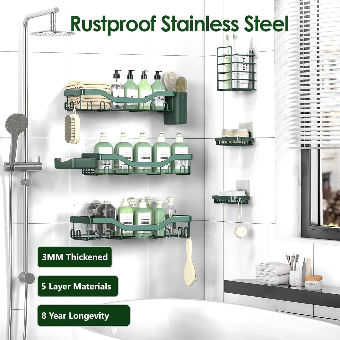 NESOMI 7-Pack Shower Caddy Adhesive,Stainless Steel Shower Organizer Shelf | Rustproof, with Soap Dish Toothbrush Holder, Large Capacity, No-Drill Rack Bathroom Storage Accessories, 24 Hooks, Home Decor