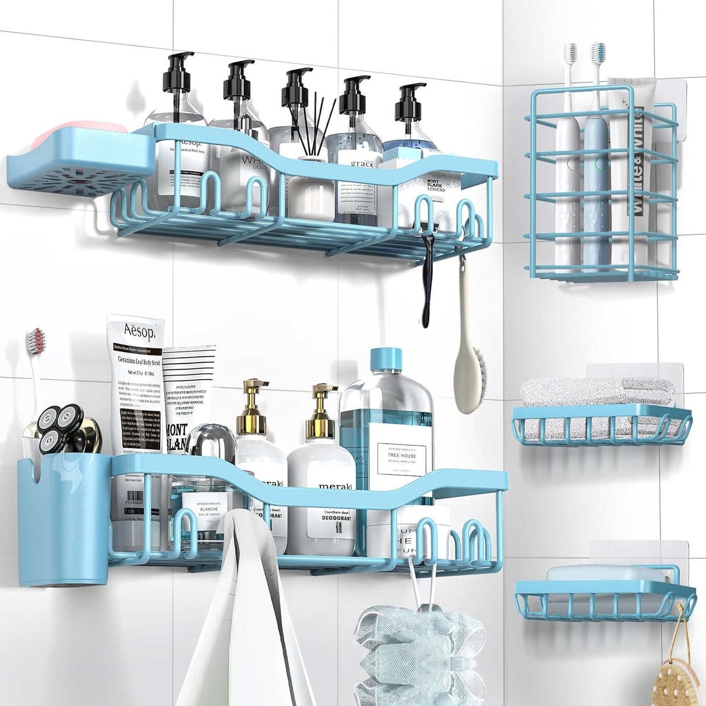 NESOMI 7-Pack Shower Caddy Adhesive,Stainless Steel Shower Organizer Shelf | Rustproof, with Soap Dish Toothbrush Holder, Large Capacity, No-Drill Rack Bathroom Storage Accessories, 24 Hooks, Home Decor