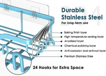 NESOMI 7-Pack Shower Caddy Adhesive,Stainless Steel Shower Organizer Shelf | Rustproof, with Soap Dish Toothbrush Holder, Large Capacity, No-Drill Rack Bathroom Storage Accessories, 24 Hooks, Home Decor