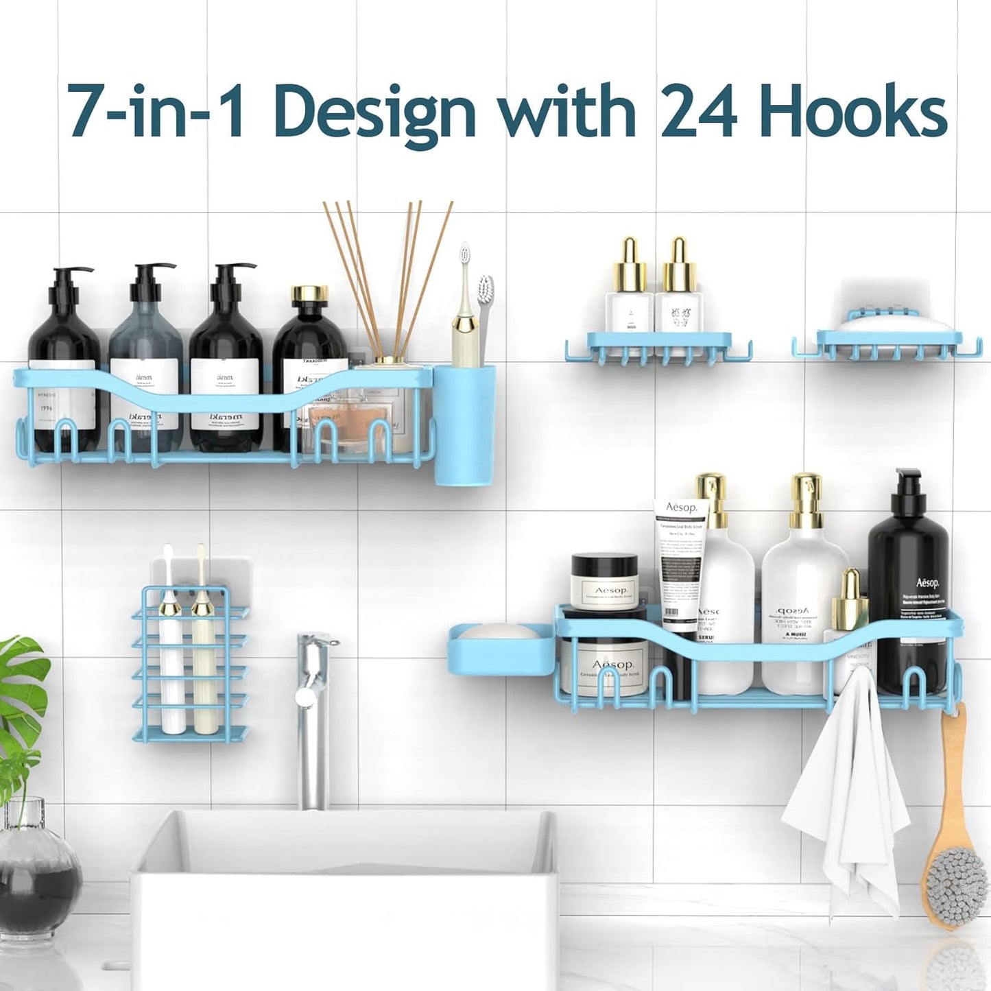 NESOMI 7-Pack Shower Caddy Adhesive,Stainless Steel Shower Organizer Shelf | Rustproof, with Soap Dish Toothbrush Holder, Large Capacity, No-Drill Rack Bathroom Storage Accessories, 24 Hooks, Home Decor