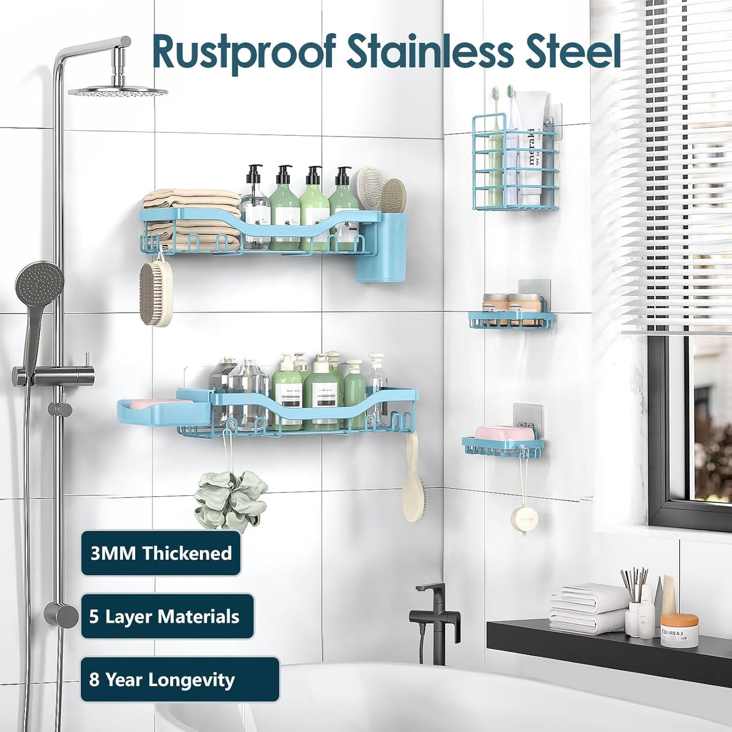 NESOMI 7-Pack Shower Caddy Adhesive,Stainless Steel Shower Organizer Shelf | Rustproof, with Soap Dish Toothbrush Holder, Large Capacity, No-Drill Rack Bathroom Storage Accessories, 24 Hooks, Home Decor