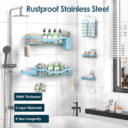 NESOMI 7-Pack Shower Caddy Adhesive,Stainless Steel Shower Organizer Shelf | Rustproof, with Soap Dish Toothbrush Holder, Large Capacity, No-Drill Rack Bathroom Storage Accessories, 24 Hooks, Home Decor