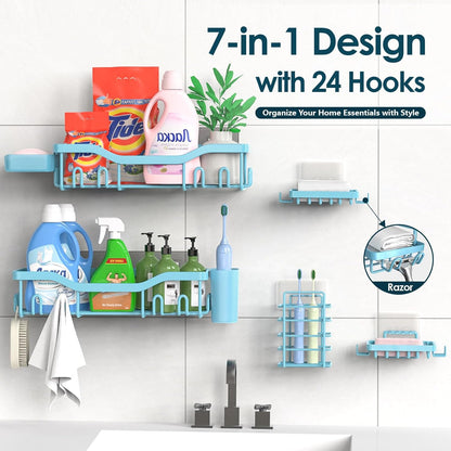 NESOMI 7-Pack Shower Caddy Adhesive,Stainless Steel Shower Organizer Shelf | Rustproof, with Soap Dish Toothbrush Holder, Large Capacity, No-Drill Rack Bathroom Storage Accessories, 24 Hooks, Home Decor