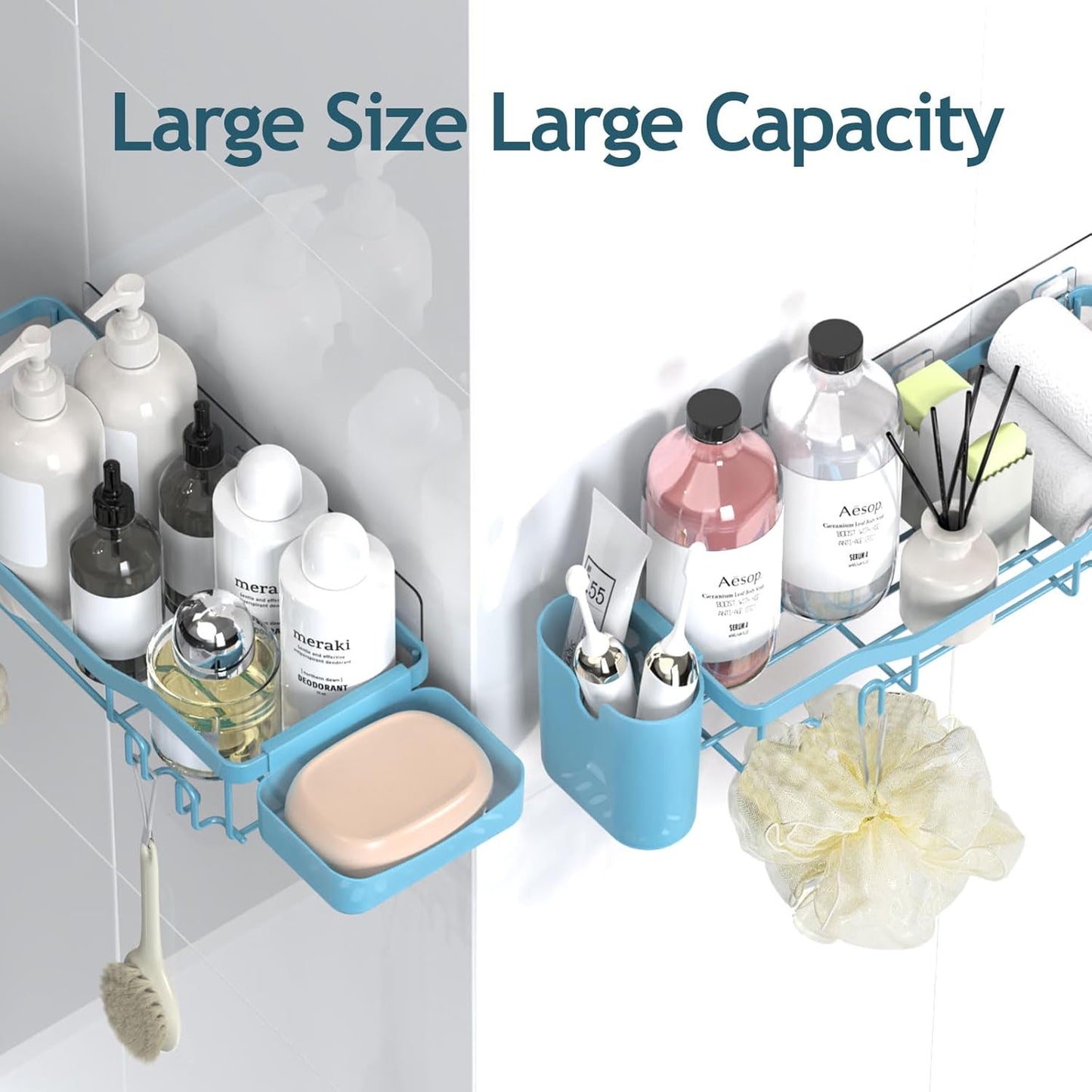 NESOMI 7-Pack Shower Caddy Adhesive,Stainless Steel Shower Organizer Shelf | Rustproof, with Soap Dish Toothbrush Holder, Large Capacity, No-Drill Rack Bathroom Storage Accessories, 24 Hooks, Home Decor