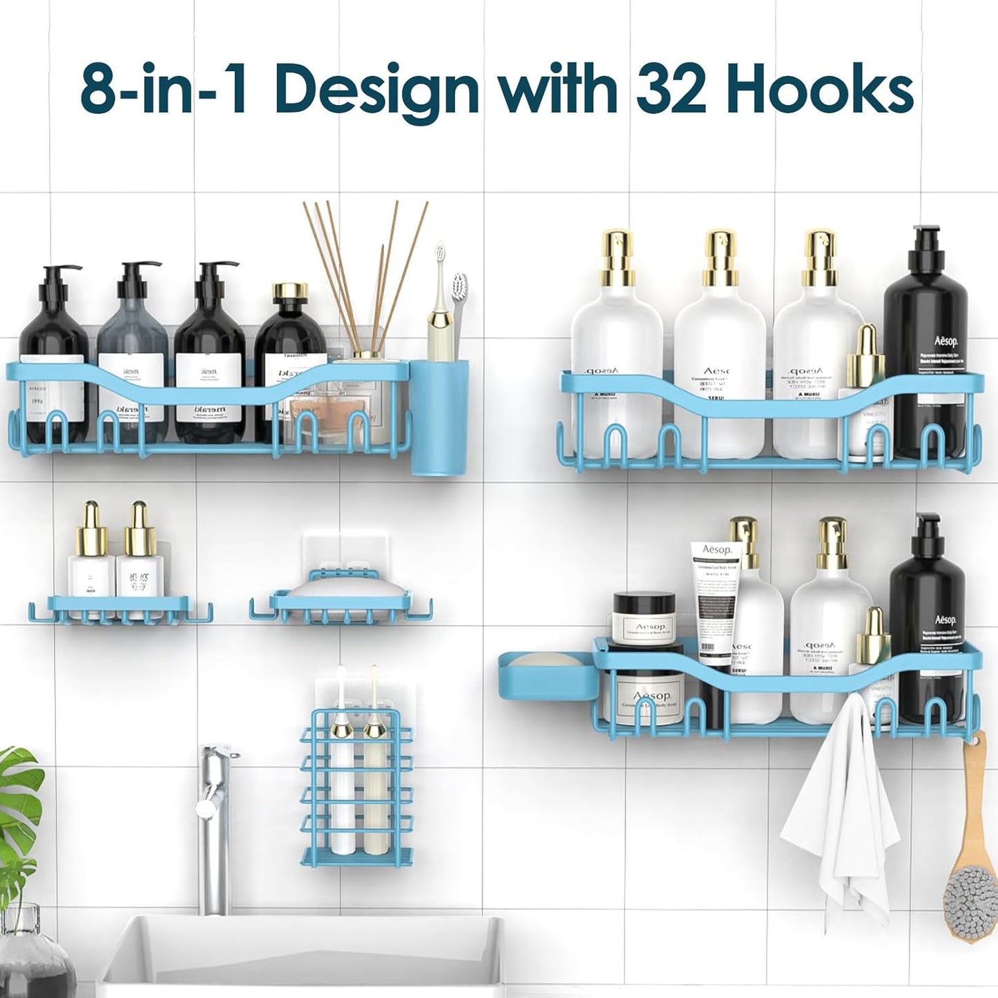 NESOMI 7-Pack Shower Caddy Adhesive,Stainless Steel Shower Organizer Shelf | Rustproof, with Soap Dish Toothbrush Holder, Large Capacity, No-Drill Rack Bathroom Storage Accessories, 24 Hooks, Home Decor