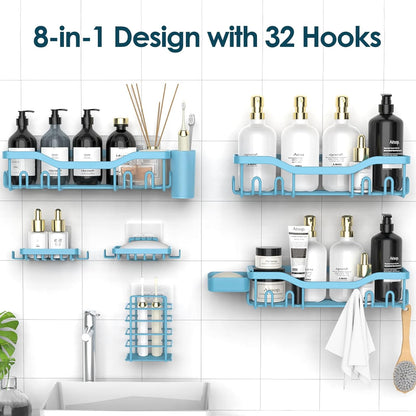 NESOMI 7-Pack Shower Caddy Adhesive,Stainless Steel Shower Organizer Shelf | Rustproof, with Soap Dish Toothbrush Holder, Large Capacity, No-Drill Rack Bathroom Storage Accessories, 24 Hooks, Home Decor