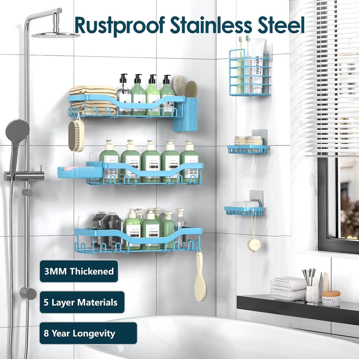 NESOMI 7-Pack Shower Caddy Adhesive,Stainless Steel Shower Organizer Shelf | Rustproof, with Soap Dish Toothbrush Holder, Large Capacity, No-Drill Rack Bathroom Storage Accessories, 24 Hooks, Home Decor