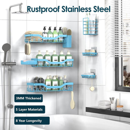 NESOMI 7-Pack Shower Caddy Adhesive,Stainless Steel Shower Organizer Shelf | Rustproof, with Soap Dish Toothbrush Holder, Large Capacity, No-Drill Rack Bathroom Storage Accessories, 24 Hooks, Home Decor