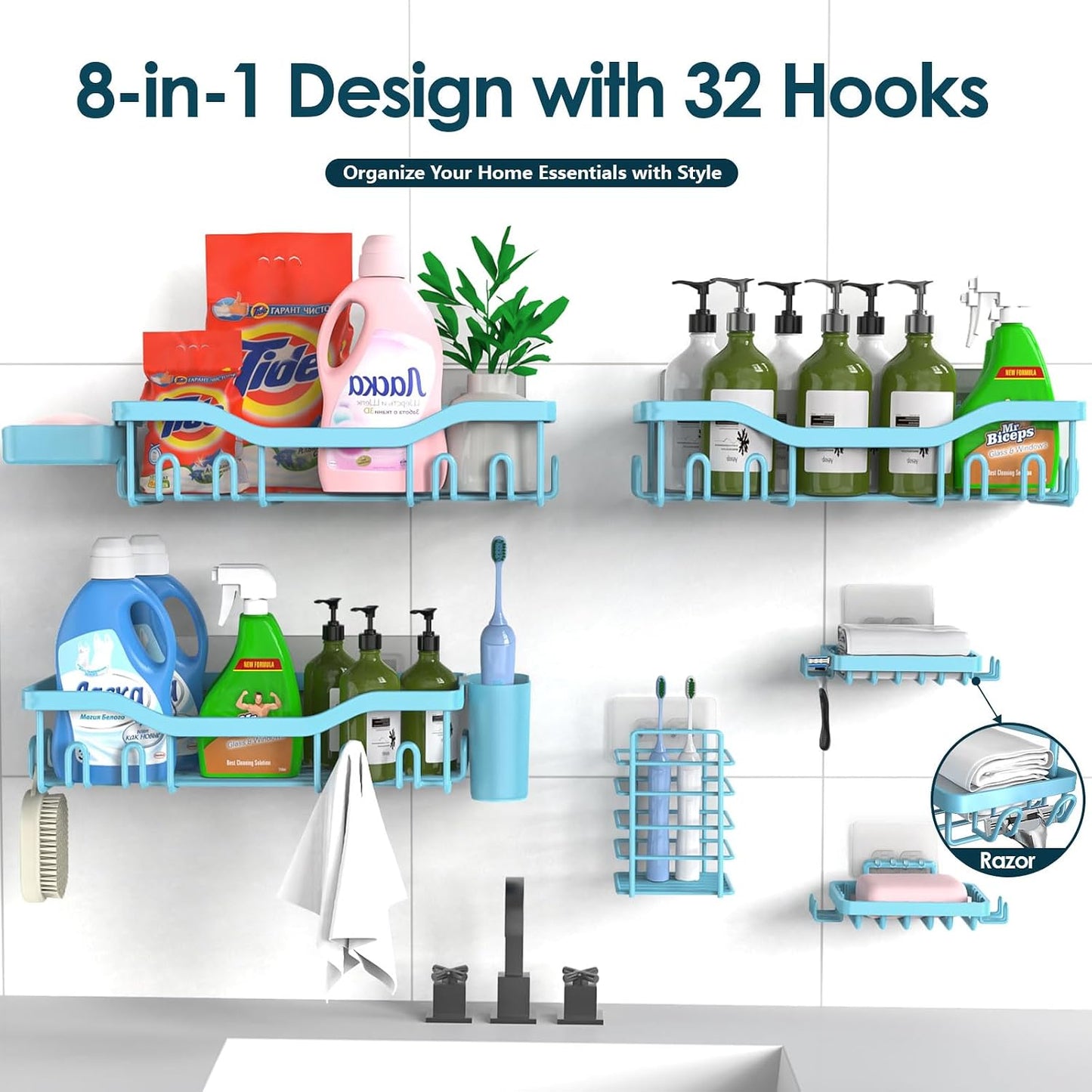 NESOMI 7-Pack Shower Caddy Adhesive,Stainless Steel Shower Organizer Shelf | Rustproof, with Soap Dish Toothbrush Holder, Large Capacity, No-Drill Rack Bathroom Storage Accessories, 24 Hooks, Home Decor