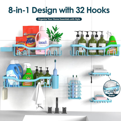 NESOMI 7-Pack Shower Caddy Adhesive,Stainless Steel Shower Organizer Shelf | Rustproof, with Soap Dish Toothbrush Holder, Large Capacity, No-Drill Rack Bathroom Storage Accessories, 24 Hooks, Home Decor