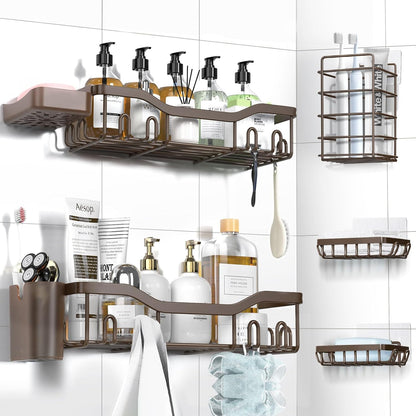 NESOMI 7-Pack Shower Caddy Adhesive,Stainless Steel Shower Organizer Shelf | Rustproof, with Soap Dish Toothbrush Holder, Large Capacity, No-Drill Rack Bathroom Storage Accessories, 24 Hooks, Home Decor