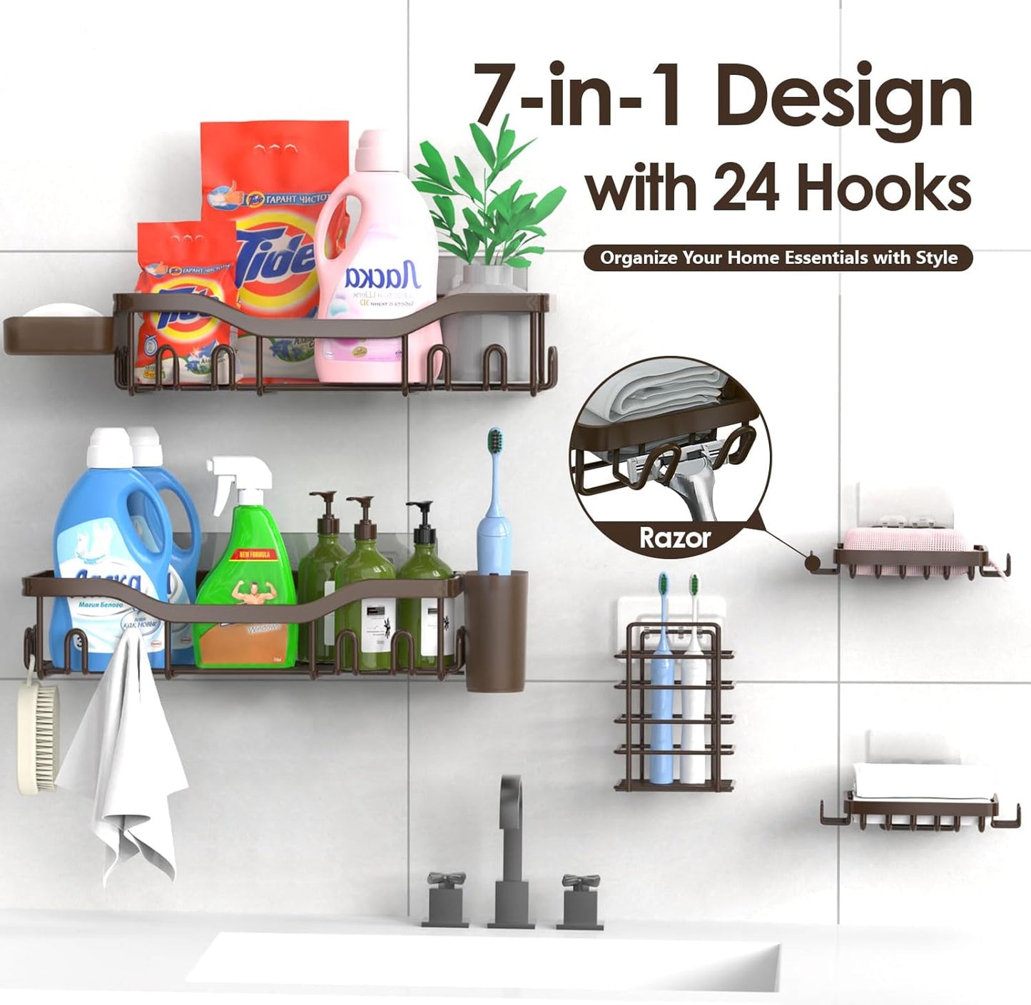 NESOMI 7-Pack Shower Caddy Adhesive,Stainless Steel Shower Organizer Shelf | Rustproof, with Soap Dish Toothbrush Holder, Large Capacity, No-Drill Rack Bathroom Storage Accessories, 24 Hooks, Home Decor