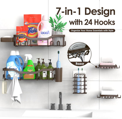 NESOMI 7-Pack Shower Caddy Adhesive,Stainless Steel Shower Organizer Shelf | Rustproof, with Soap Dish Toothbrush Holder, Large Capacity, No-Drill Rack Bathroom Storage Accessories, 24 Hooks, Home Decor