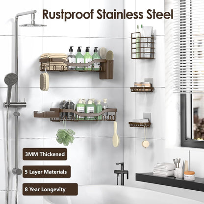 NESOMI 7-Pack Shower Caddy Adhesive,Stainless Steel Shower Organizer Shelf | Rustproof, with Soap Dish Toothbrush Holder, Large Capacity, No-Drill Rack Bathroom Storage Accessories, 24 Hooks, Home Decor