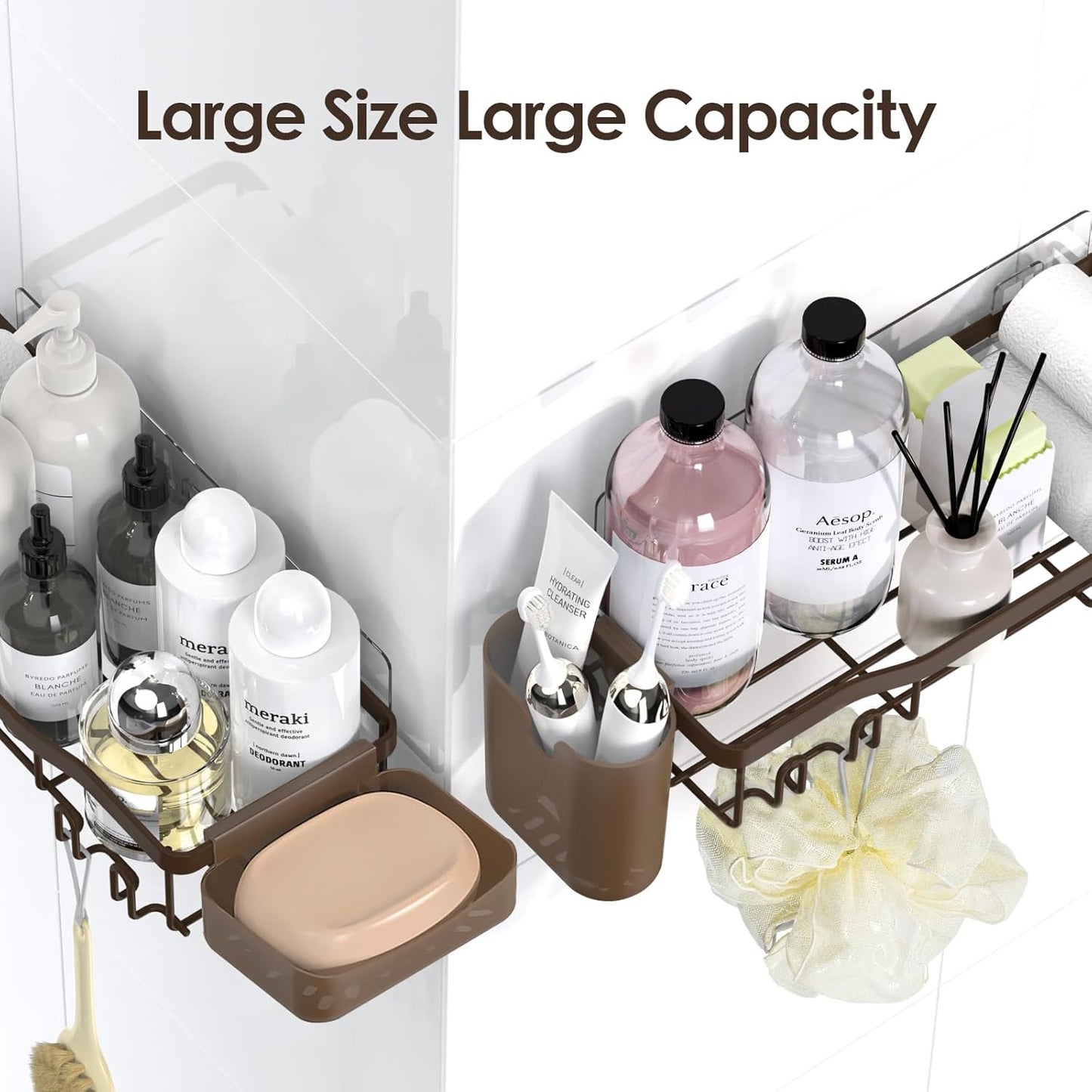 NESOMI 7-Pack Shower Caddy Adhesive,Stainless Steel Shower Organizer Shelf | Rustproof, with Soap Dish Toothbrush Holder, Large Capacity, No-Drill Rack Bathroom Storage Accessories, 24 Hooks, Home Decor