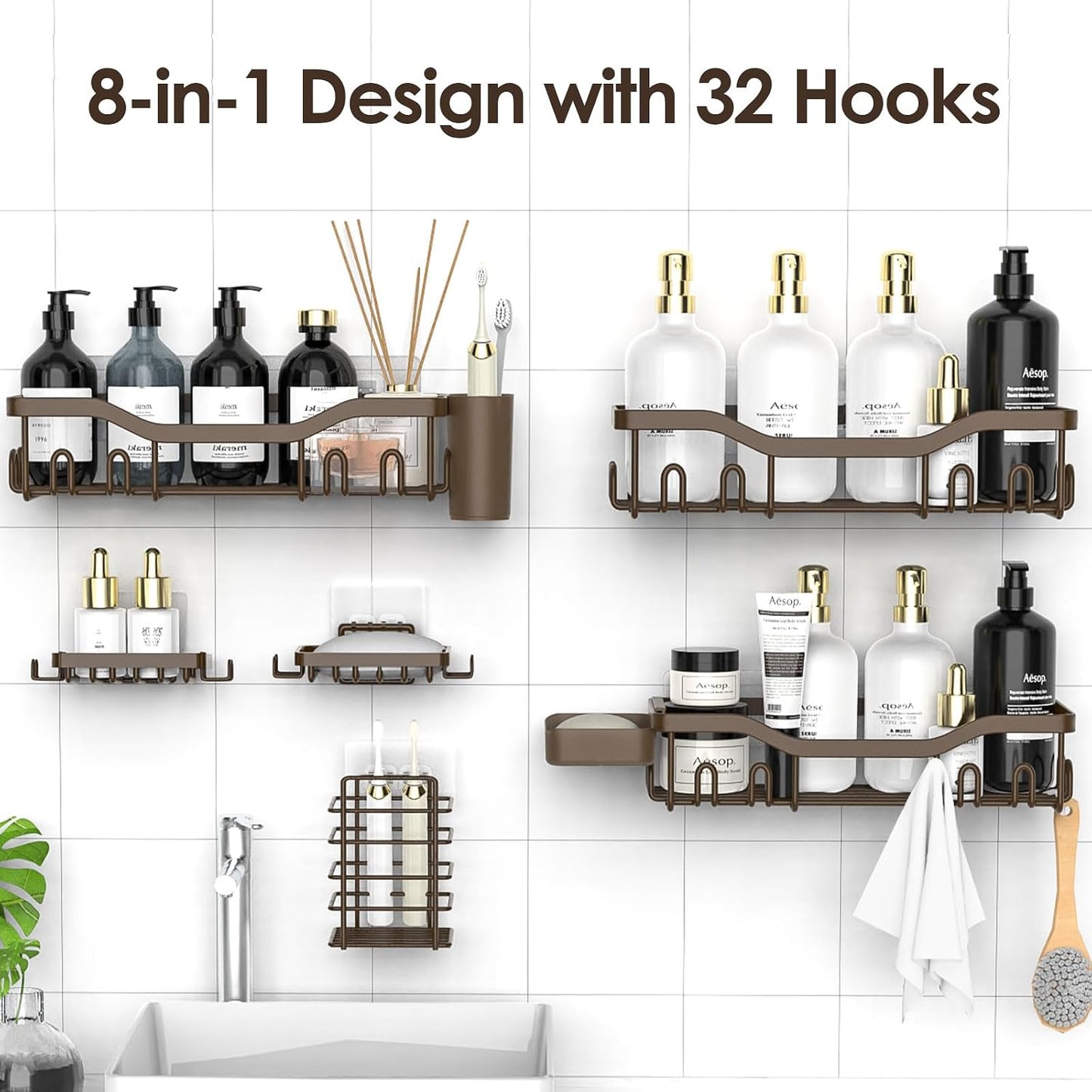 NESOMI 7-Pack Shower Caddy Adhesive,Stainless Steel Shower Organizer Shelf | Rustproof, with Soap Dish Toothbrush Holder, Large Capacity, No-Drill Rack Bathroom Storage Accessories, 24 Hooks, Home Decor