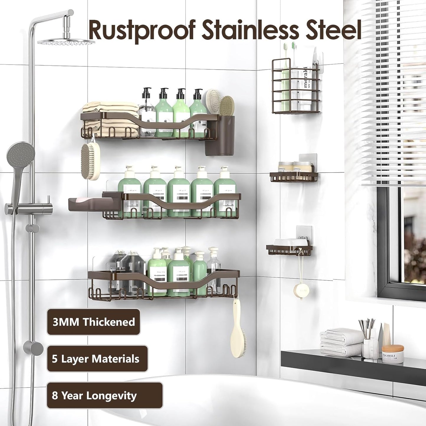 NESOMI 7-Pack Shower Caddy Adhesive,Stainless Steel Shower Organizer Shelf | Rustproof, with Soap Dish Toothbrush Holder, Large Capacity, No-Drill Rack Bathroom Storage Accessories, 24 Hooks, Home Decor