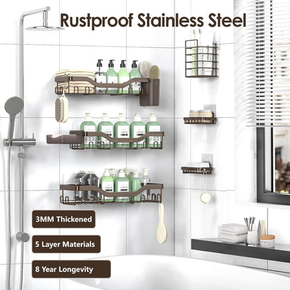 NESOMI 7-Pack Shower Caddy Adhesive,Stainless Steel Shower Organizer Shelf | Rustproof, with Soap Dish Toothbrush Holder, Large Capacity, No-Drill Rack Bathroom Storage Accessories, 24 Hooks, Home Decor