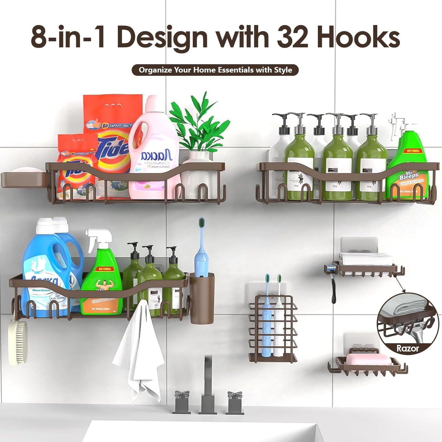 NESOMI 7-Pack Shower Caddy Adhesive,Stainless Steel Shower Organizer Shelf | Rustproof, with Soap Dish Toothbrush Holder, Large Capacity, No-Drill Rack Bathroom Storage Accessories, 24 Hooks, Home Decor