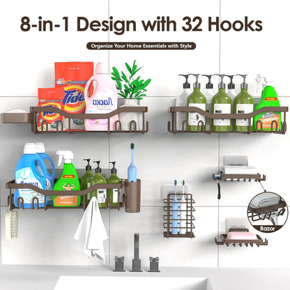 NESOMI 7-Pack Shower Caddy Adhesive,Stainless Steel Shower Organizer Shelf | Rustproof, with Soap Dish Toothbrush Holder, Large Capacity, No-Drill Rack Bathroom Storage Accessories, 24 Hooks, Home Decor
