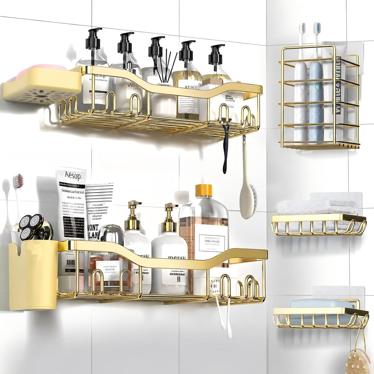 NESOMI 7-Pack Shower Caddy Adhesive,Stainless Steel Shower Organizer Shelf | Rustproof, with Soap Dish Toothbrush Holder, Large Capacity, No-Drill Rack Bathroom Storage Accessories, 24 Hooks, Home Decor