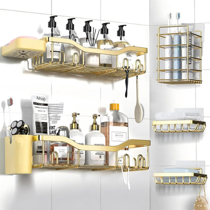 NESOMI 7-Pack Shower Caddy Adhesive,Stainless Steel Shower Organizer Shelf | Rustproof, with Soap Dish Toothbrush Holder, Large Capacity, No-Drill Rack Bathroom Storage Accessories, 24 Hooks, Home Decor